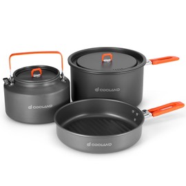 Odoland Camping Outdoor Cookware Mess Kit, Portable Camping Cooking Pot Frypan with Kettle Mesh Bag for Camping, Backpacking, Outdoor Cooking and Picnic 1.9L