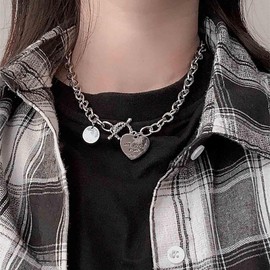 Cimenexe Bohemian Heart Disc Choker Necklace Silver Heart Coin Pendant Necklace Thin Heart Toggle Clasp Necklace Heart Paper Clip Chain Necklace Jewelry for Women and Girls Gifts