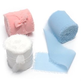 Traico Frayed Chiffon Ribbon Mixed Color Set Light Blue/White/Pink for Flower Bridal Bouquets Wedding Party Baby Gender Reveal Party Gift Wrapping, 2" x 8 Yards x 3 Rolls (Total : 24 Yards)
