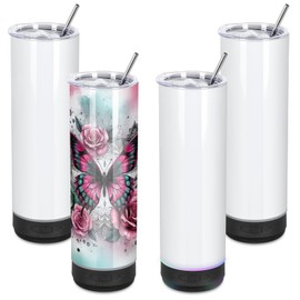 oaptuza 4 Pack 20Oz Music Speaker Tumbler, Skinny Straight Sublimation Tumblers, Stainless Steel Double Wall Insulated Speaker Cup With Detachable LED Light（Black）