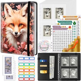 Money Saving Binder, 100 Envelopes Money Saving Challenge, Cash Envelopes Budget Binder & 3 Budgeting Planner Trackers, PU Leathers A5 Money Saving Planner Book，Red Fox in the Flowers