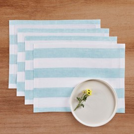 Solino Home Stripe Linen Cloth Placemats Set of 4 - Aqua and White, 100% Pure Linen Easter Placemats 14 x 19 Inch - Cabana Stripe, Washable Fabric Place Mats