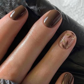 Square Press On Nails with Golden Glitter & Leaves Designs - Fall Nails, Glossy Glue On, Brown, Full Cover Acrylic Stick Ons for Women - 24 Pcs