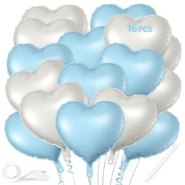 16 Pcs Heart Balloons, 18 Inch Blue White Sand Love Heart Shaped Foil Balloons for Wedding Anniversary Birthday Party Valentine Decorations Baby Shower Bridal Shower Engagement Decorations Supplies