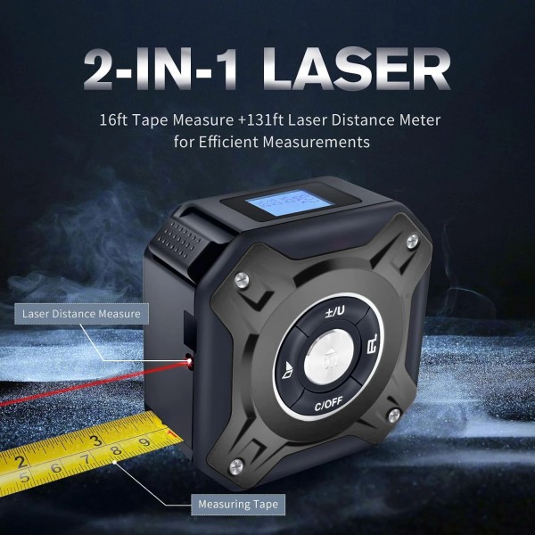 2-in-1 Measuring Tool Laser Distance Meter 131Ft Laser Measure 16Ft
