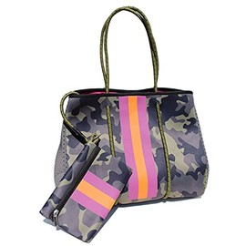 Crafters Cup Camo Neoprene Tote | Beach Tote, Gym Bag Matching Wallet Included Green with Pink & Orange Stripes, Dark Green, Light Green, Dark Pink, Light Pink, Black, Bight Pink, Gray, Large