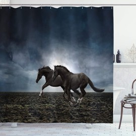 Ambesonne Caballos Cortina de Baño, Animales en un Campo Arado, Paño Conjunto de Decoración de Baño de Tela y Ganchos, 84" Extra Alta, Azul Petróleo