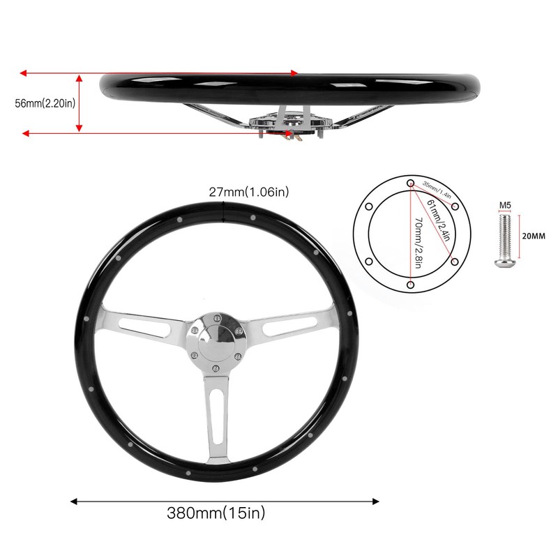 DAUERHAFT Retro Steering Wheel, 6 Hole 3 Spoke Riveted Wood
