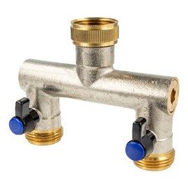 tecuro 2-way distributor piece, 1 inch (DN20), individually lockable by ball valves, nickel-plated brass