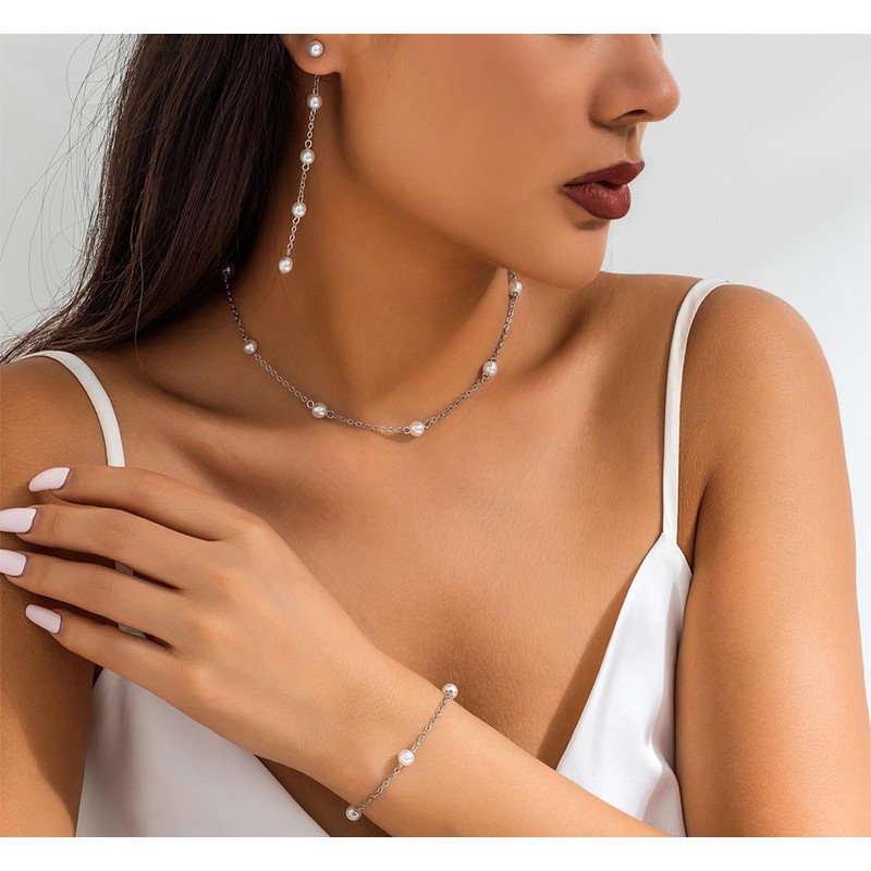 KONPJE - Juego de joyas de perlas para mujer, collar
