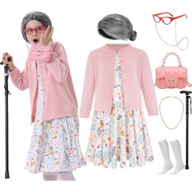 ZeroShop 100 Days of School Kids 100 Day Old Lady Costume Girls Granny Dress up 100 Year Grandma,6 Pink