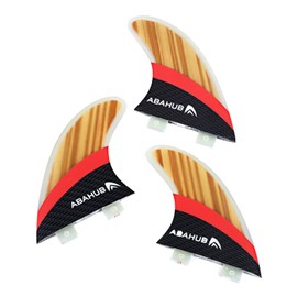 Abahub Surfboard Thruster Fins Set, Compatible with FCS Style Fin Box, Fiberglass with Teak Veneer G5 Surf Fin, 3 Fins for Surf Boards, Surfing Longboard, Shortboard, Fiberglass with Teak Veneer