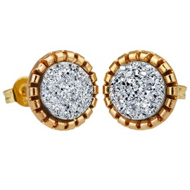 SUNYIK Silver Titanium Coated Geode Druzy Round Stud Earrings
