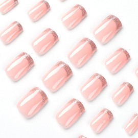 Press on Nails Medium Square Nude Fake Nails Fashion Glossy of Silver glitter Acrylic Press-in Nails Natural Stick on Nails Thick Reusable Glue on Nails Short Press On Nail for Women 24Pcs