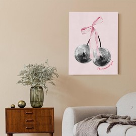 BIWSHA Trendy Preppy Pink Bow Wall Art, Vintage Retro Funky Cherry Disco Ball Canvas Wall Art Prints Decor for Bedroom Dorm Living Room, Preppy College Apartment Print for Girls, 11x14 Inch