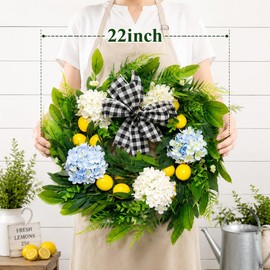 Spring Lemon Wreath for Front Door, 22 Inch Farmhouse Hydrangea Wreath