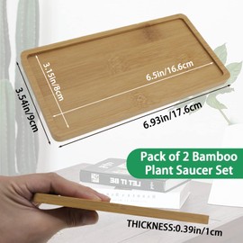 Joyangy 2Pcs Small Bamboo Tray, 6.9x3.5 Inch Bamboo Rectangular Plant Saucer Trays for Indoors, Small Plant Saucers & Drip Trays for Pots, Indoor Plant Accessories