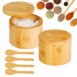 XingyLi 2Pcs Bamboo Salt Boxes, Round Salt and Spice Storage Box with Magnetic Swivel Lid and 6 Spoons, Pepper Spice Containers, Seasoning Pot Bowl Jars for Kitchen Sea Salt Herb Sugar Tea Caddy