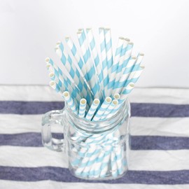 50 Pack Paper Straws, Blue Striped Party Drinking Straws for Birthday, Wedding, Baby Shower, Disposable Paper Straw for Cocktail Bubble Tea Celebrations Tableware Supplies