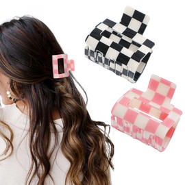 2Pcs Checkered Hair Clips-Small Rectangle Multicolored Claw Barrettes - Strong Hold Y2K Hair Accessories for Thin and Thick Hair(Pink Black)