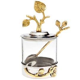 Godinger Leaf Jam/Honey Jar with Spoon, Silver/Brass