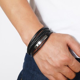 YL Mens Bar Braided Bracelet Black Stainless Steel Leather Bracelets Black Multi-Layer Bangle Wristband Jewelry 8.7"