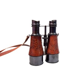 ASI NAUTICAL 6in Antique Victorian Marine Brass Leather Binocular Sailor Instrument for Adults & Kids with Neck Strap Handheld Marine Binoculars for Bird Watching, Hunting, Viewing Wildlife(ASI0058)