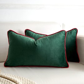 LIGICKY Set of 2 Christmas Dark Green Velvet Lumbar Pillow Covers Modern Minimalist Style Solid Decorative Red Rope Edging Soft Rectangle Cushion Cases for Sofa Bedroom Party Décor, 12 x 20 inch