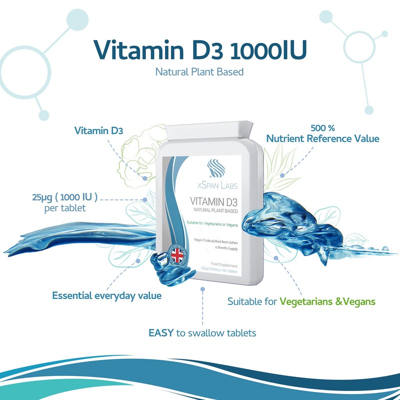 Vitamin D3 Natural Plant Based 25µg (1000 IU) 180 Tablets