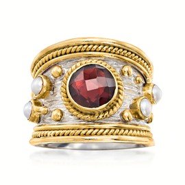 Ross-Simons 2.20 Carat Garnet and 3mm Cultured Pearl Ring in Sterling Silver and 18kt Gold Over Silver. Size 8