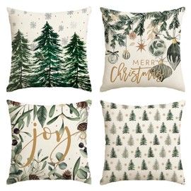 AVOIN colorlife Merry Christmas Trees Snowflake Throw Pillow Covers, 20 x 20 Inch Joy Xmas Balls Winter Holiday Cushion Case Decoration for Sofa Couch Set of 4