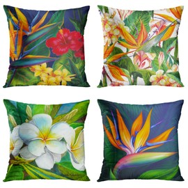 Britimes Throw Pillow Covers Home Decor Set of 4 Pillow Cases Decorative 18 x 18 Inches Outdoor Cushion Couch Sofa Pillowcases Tropical Flowers