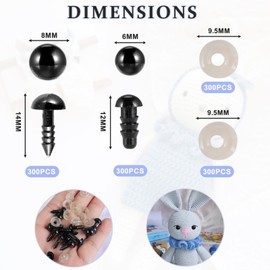 FINEASY 300pcs Safety Eyes for Crochet Toys with Washer, Black Plastic Doll Eyes for Soft Toy Making, Safety Eyes for Amigurumi for Teddy Bear DIY Stuffed Push Animal Craft (8mm)