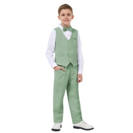 LOLANTA Boys Linen Suit Dress Clothes 4 Piece Kids Graduation Wedding Outfit, Shirt, Vest and Pants Set, Dresswear(Size 8-10,Green)