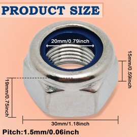 2pcs M20x1.5mm Nylon Insert Locknuts,Fine Thread Hex Nuts,304 Stainless Steel Lock Nut Assortment Kit Perfect for Lock Washers,Silver