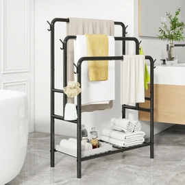 Free Standing Towel Racks for Bathroom, 3 Tiers Towel Rack Stand Floor Bath Towel Holder with 6 Hooks, Black Metal Modern Towel Organizers and Bathroom Storage for Laundry Room, Pool, Outdoor
