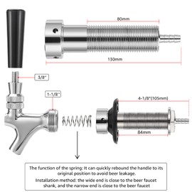 WELLBOM 4-1/8'' Draft Beer Faucet Shank, Beer Tap for Wall No Stick No Leak O.D 1/4" Barb Keg Faucet Stainless Steel Core Brass Body Beer Tap Faucet with Self-Closing Beer Faucet Spring Spanner Wrench