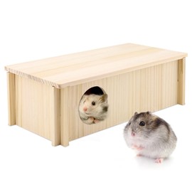 Hamster Wood House 2 Chambers Guinea Pig House for Cage Pet Wooden House Small Animal Habitat Décor Natural Wooden Hamster Hideaway House Wood Cabin for Small Pets Chinchilla Rat Gerbils Rectangle