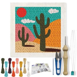 FREEBLOSS DIY Punch Needle Kits for Beginners Desert Pattern Embroidery Punch Needle Starter Craft Rug Hooking Beginner Kit Punch Needle Rug Kit Embroidery Set Easy for Adults Decoration 24 x 24 cm