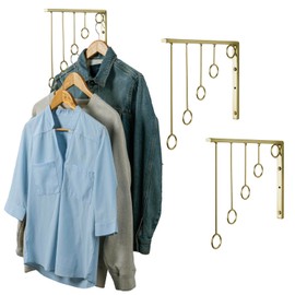 MyGift 3 Pack Wall Mounted Gold Tone Metal Garment Rack with 5 Hanging Rings, Bedroom Closet Clothing Valet & Laundry Clothes Drying Hooks – Coat Hanger Organizer