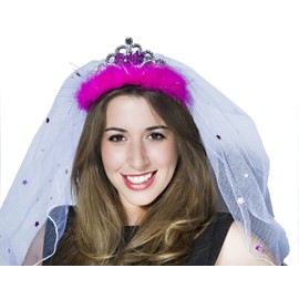 Bride To Be Pink Fluffy Tiara with Luxury Veil and Iridescent Stars