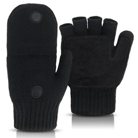 Evridwear Fingerless Winter Gloves Convertible, Knitted Wool Flip-top Mittens, Anti-Slip Suede Leather & Upgraded Closure, Unisex Black with Magnet/L