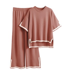 Faleave Womens Knit 2 Piece Sweater Sets Short Sleeve Pullover Tops Elastic Waist Wide Leg Pants Lounge Set(Rust-M)
