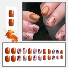 Fall Press on Nails Short Fake Nails Square False Nails with Leaves Design Full Cover Autumn Leaf Acrylic Nails Glossy Glue on Nails Reusable Stick on Nails Kit for Women Girls DIY Fall Nail Art,24Pcs