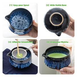 TEANAGOO 7 Pcs Matcha Whisk Set, Matcha Set for Ceremony, Matcha Kit Junware-Blue, Matcha Tea Set for Making Breakfast/Matcha Latte, Gift for Matcha Lover, Matcha Whisk and Bowl with All Accessories