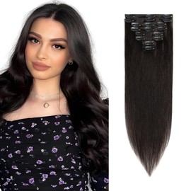 Rich Choices Clip-In Real Hair Extensions, 8 Pieces, Clip Extensions, 20 cm, #1B Black Hair Extensions, Real Hair, Remy Silky Straight, Invisible Clip-In Hair Extensions, Natural, Thin Wefts