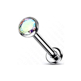 Amelia Fashion Implant Grade Titanium Threadless Push in Labret, Flat Back Studs, CZ Bezel Set Ball Top for Cartilage, Monroe, Nose and More (Aurora Borealis -16GA (1.2mm) - L.5/16" (8mm) - Ball: 3mm)