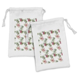 Ambesonne Hawaii Fabric Pouch Set of 2, Aquarelle Effect Palm Trees Hibiscus Flowers Romantic Summer Bloom, Small Drawstring Bag for Toiletries Masks and Favors, 9" x 6", Reseda Green Pale Pink