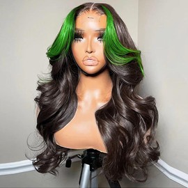 JYZ Skunk Stripe Wig Human Hair Lace Front Green Highlights Wig Human Hair Wavy 13X4 HD Lace Front Wigs Human Hair 200% Density Highlight Wigs Human Hair Pre Plucked with Baby Hair 32inch Middle Part