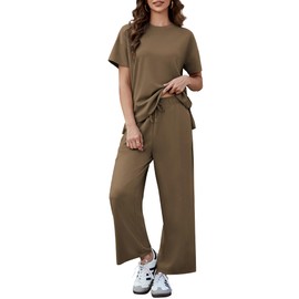 PINSPARK Womens 2 Piece Lounge Set Summer Travel Outfits Short Sleeve Crew Track Suit with Drawstring Pockets Spring Matching Set,Brown Small